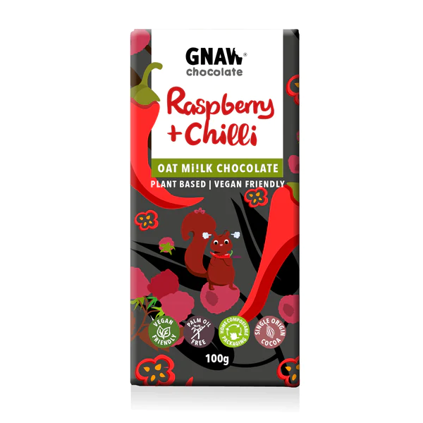 Gnaw Chocolate Handcrafted Oat Milk Chocolate 100g, Raspberry & Chilli
