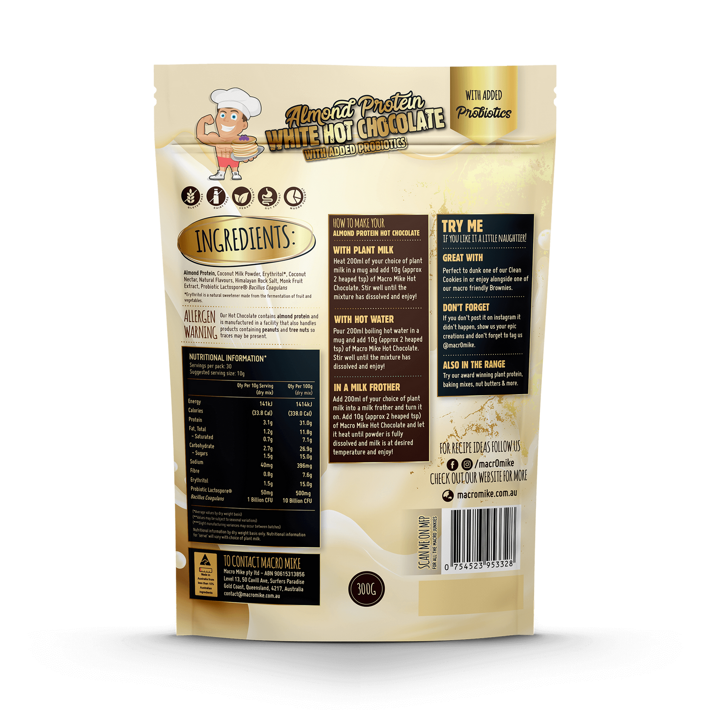 Macro Mike Almond Protein Probiotic Hot Chocolate 300g, White Chocolate Flavour