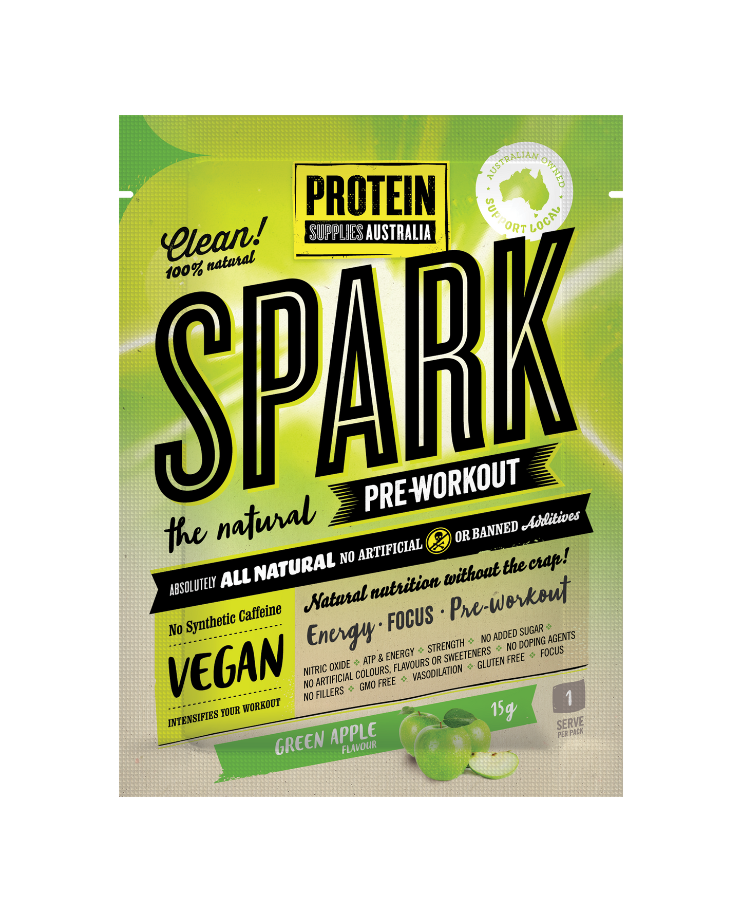 Protein Supplies Australia Spark (All Natural Pre-workout) 15g Or 250g, Green Apple Flavour