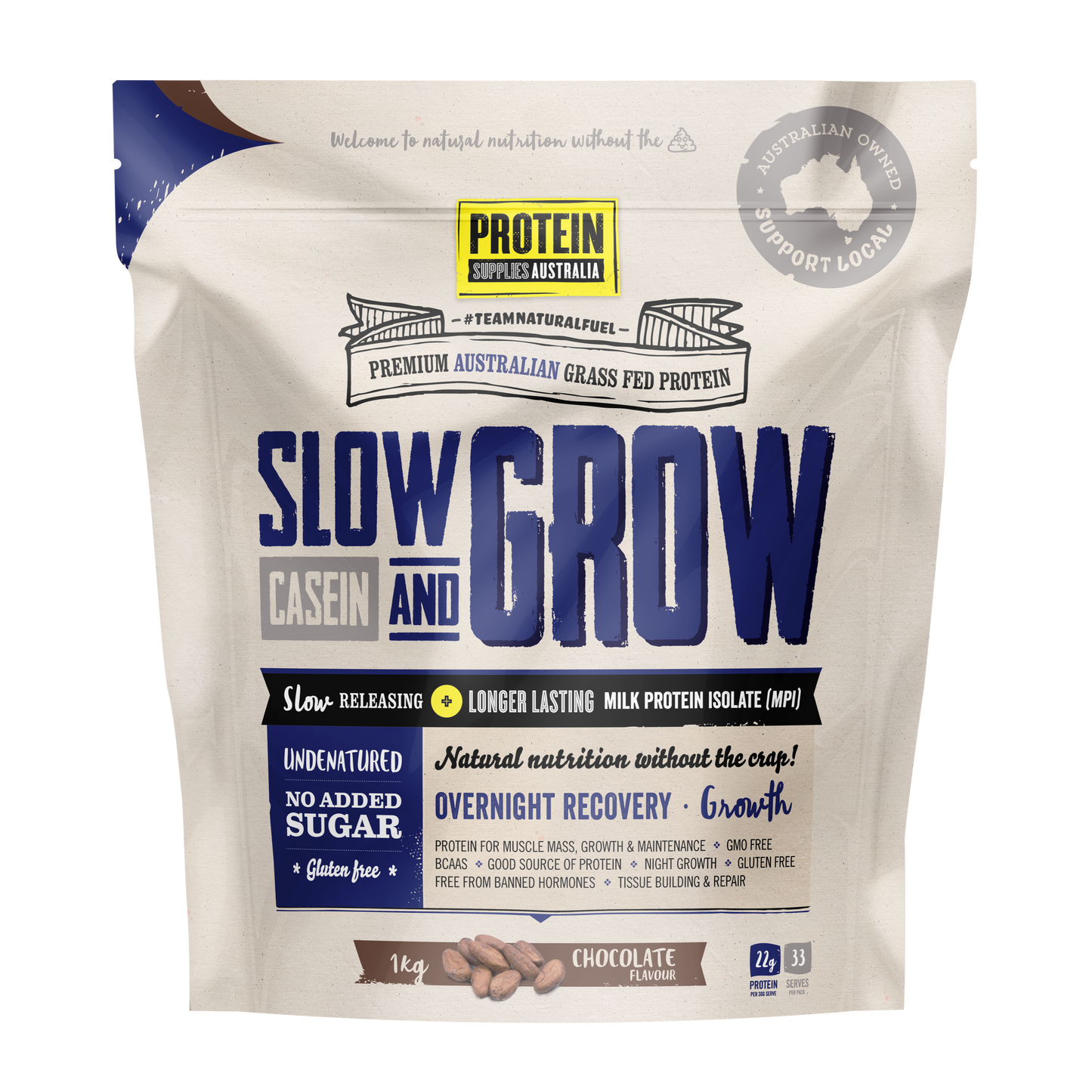 Protein Supplies Australia Slow & Grow Casein (Slow Release) 1kg, Chocolate Flavour
