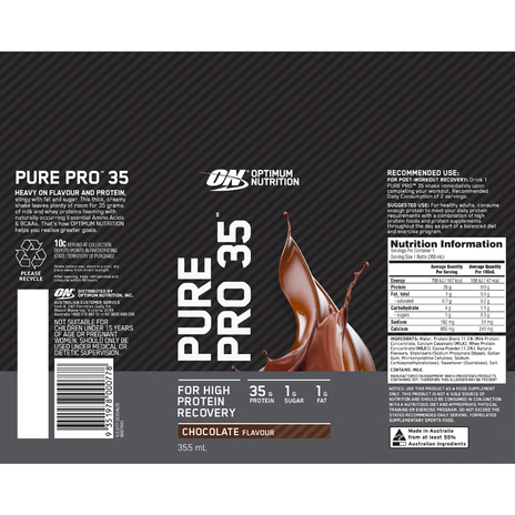 Optimum Nutrition Pure Pro 35 Ready To Drink 355ml, Chocolate Flavour