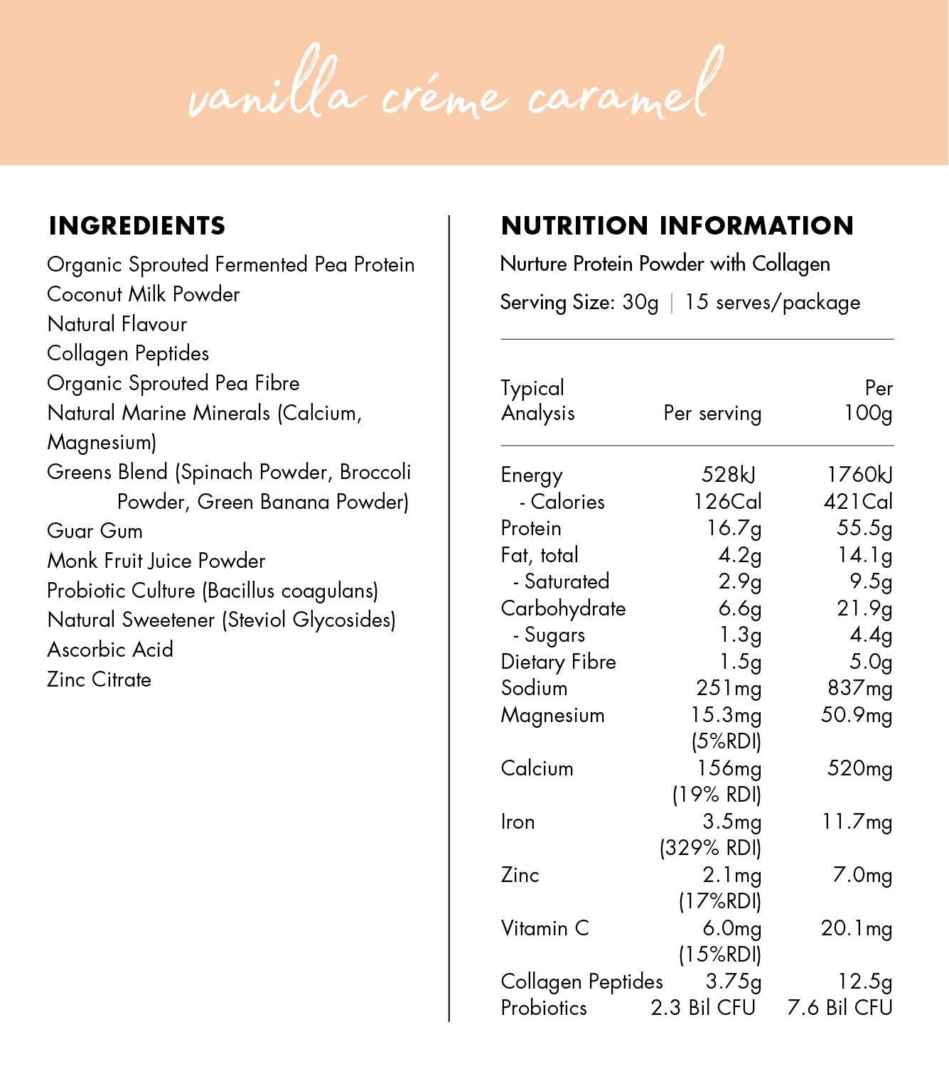 At Health Nurture Pea Protein + Collagen 500g, Vanilla Crème Caramel Flavour