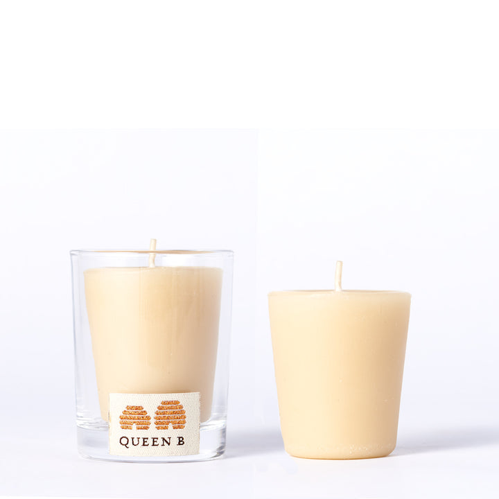 Queen B Pure Australian Beeswax Votive in Glass + Refill Pack, 15 Hour Burn Time