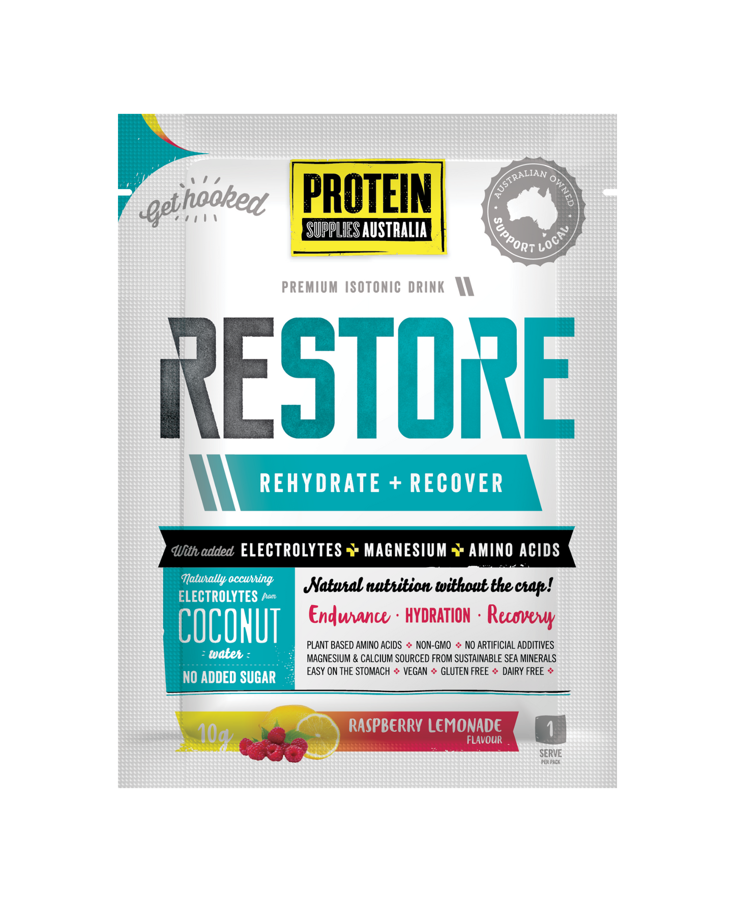Protein Supplies Australia Restore Hydration Recovery Drink 10g Or 200g, Raspberry Lemonade Flavour