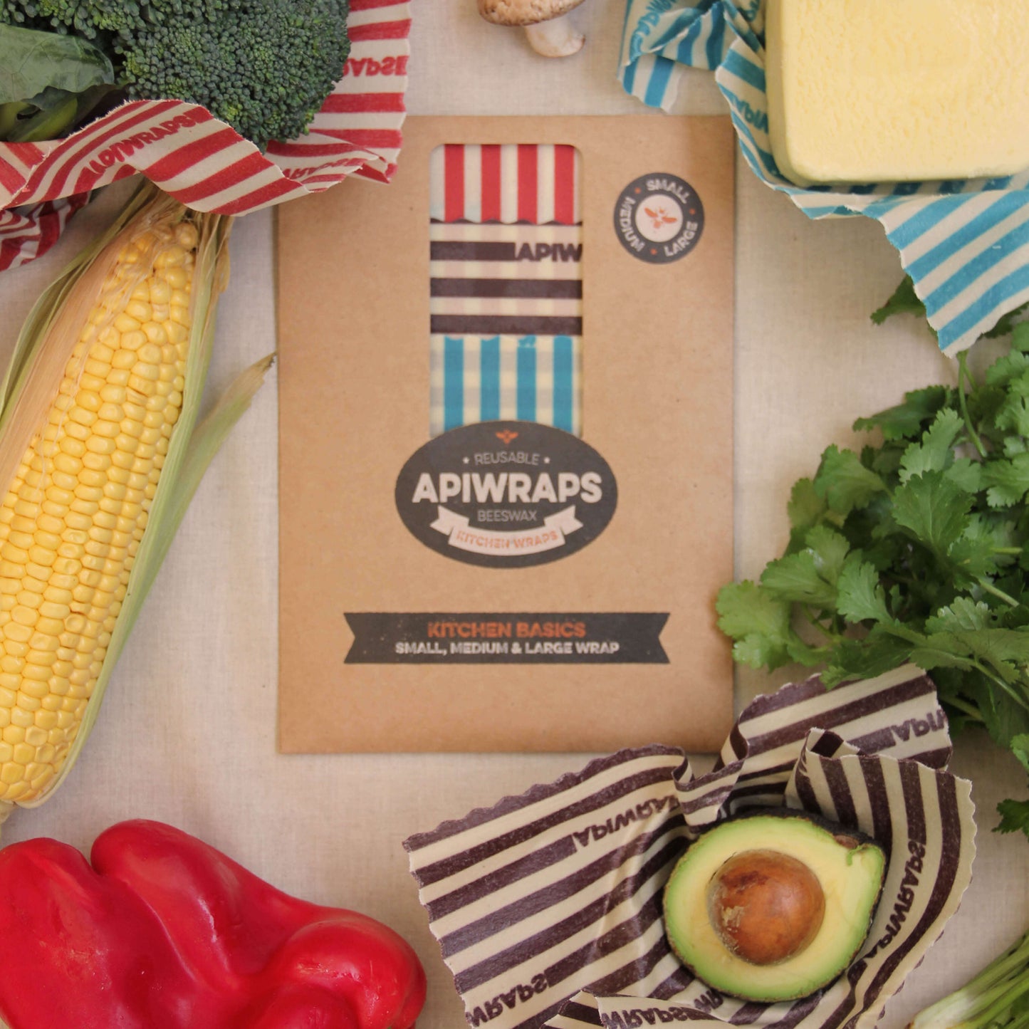 Apiwraps Reusable Beeswax Wraps, Kitchen Basics Wrap, Contains One Large, One Medium & One Small Wrap