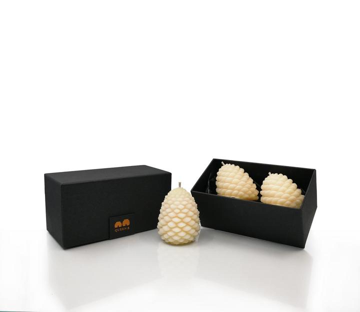 Queen B Pure Australian Beeswax Large Pine Cone Candles (2) In Black Label Gift Box, 20 Hours Burn Time