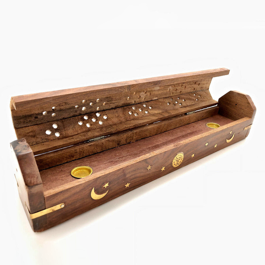 Tulsi Natural Wooden Incense & Cone Holder, With Storage Compartment (Pattern May Vary From Image)