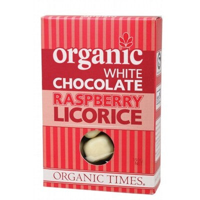Organic Times White Chocolate Raspberry Licorice 150g, Certified Organic