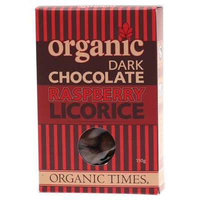 Organic Times Dark Chocolate Raspberry Licorice 150g, Certified Organic