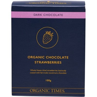 Organic Times Dark Chocolate Coated Strawberries 100g, Certified Organic