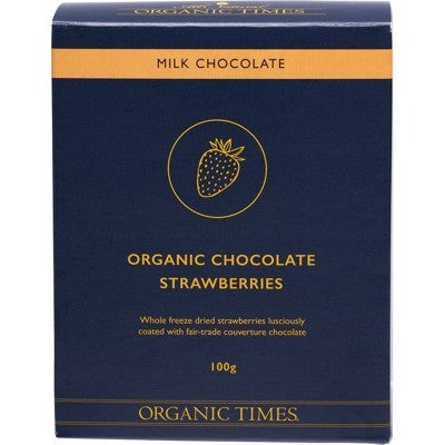 Organic Times Milk Chocolate Coated Strawberries 100g, Certified Organic