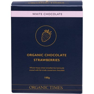 Organic Times White Chocolate Coated Strawberries 100g, Certified Organic