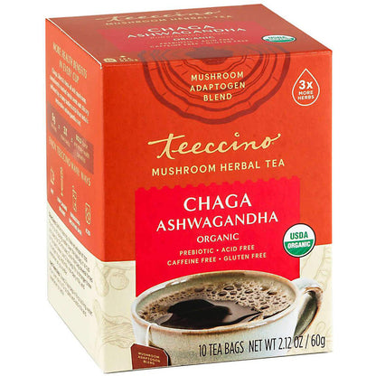 Teeccino Mushroom Herbal Tea 10 Tea Bags, Chaga Ashwaganda Flavour Caffeine-Free