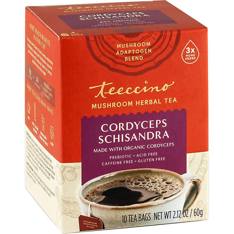 Teeccino Mushroom Herbal Tea 10 Tea Bags, Cordyceps Schisandra Flavour Caffeine-Free