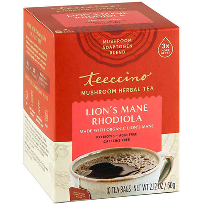 Teeccino Mushroom Herbal Tea 10 Tea Bags, Lion's Mane Rhodiola Flavour Caffeine-Free