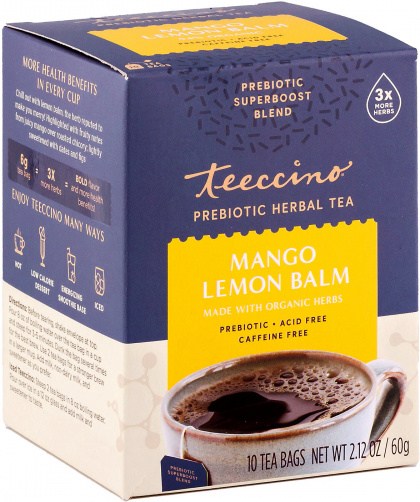 Teeccino Prebiotic Herbal Tea 10 Tea Bags, Mango Lemon Balm Flavour Caffeine-Free