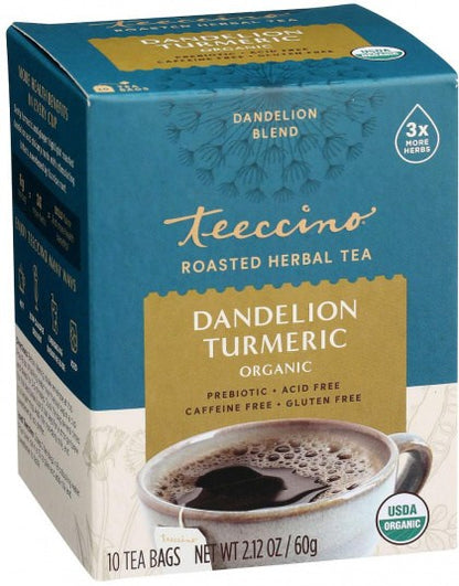 Teeccino Dandelion Herbal Tea 10 Tea Bags, Turmeric Flavour Caffeine-Free