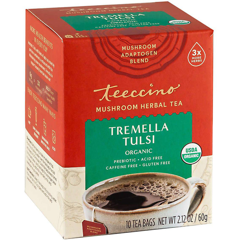 Teeccino Mushroom Herbal Tea 10 Tea Bags, Tremella Tulsi Flavour Caffeine-Free